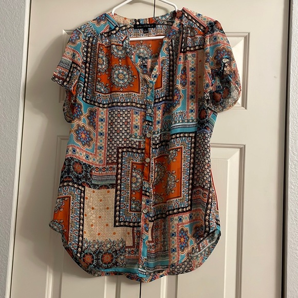 Sara Michelle Tops - Sara Michelle Patchwork Boho Sheer Button Front Blouse. Women’s Size L